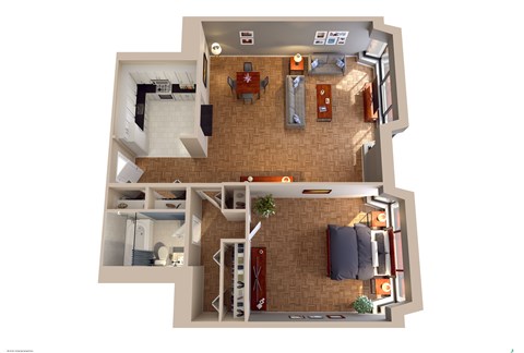 Floor plan for 1 bed, 1 bath, 691 sqft